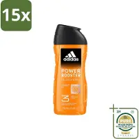 Adidas 15 x - 3-in-1 Douchegel - Power Booster - Sprankelende Geur - Gerecyclede Verpakking - 250 ml - Wasstrips - Douchegel - 3-in-1 - Lichaam - Gezicht - Haar