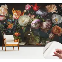 Wallfluent Zelfklevend Fotobehang - Oranje Vliesbehang - 312x219 cm - Bloemenboeket Fotobehang - Woonkamer behang Bloemen En Planten - Bubble Free Behang - Makkelijk Aan Te Brengen Behang
