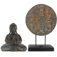 Ancient Wisdom Boeddha Feng Shui Set - Bloem Mandala - Blauw - Hand Gemaakt - Duurzaam Albasia Hout