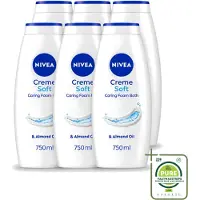 Nivea 6 x – Douchegel – Creme Soft Caring Foam Bath – 750 ml - Grootverpakking - Vaatwasstrips - Douchegel - Huidverzorging - Droge Huid - Hydrateren - Mild Reinigen