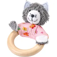 Käthe Kruse houten grijpring poes 15 cm roze/grijs